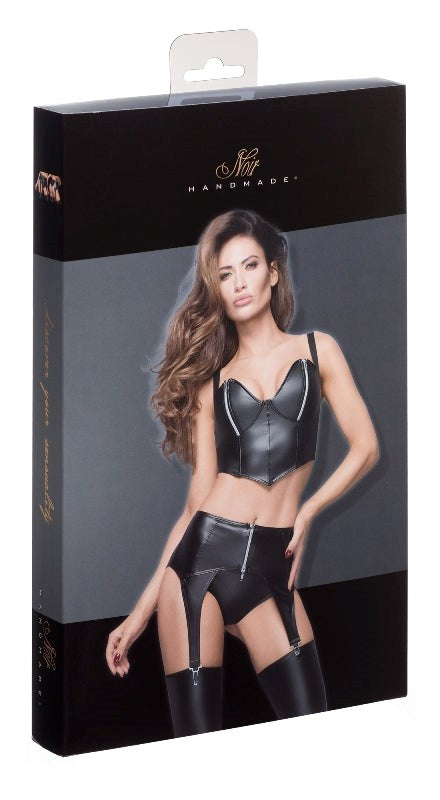Noir Handmade Powerwetlook Garter Belt with Silver Zipper High Waisted - Her Fetish