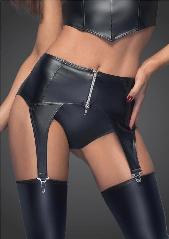 Noir Handmade Powerwetlook Garter Belt with Silver Zipper High Waisted - Her Fetish