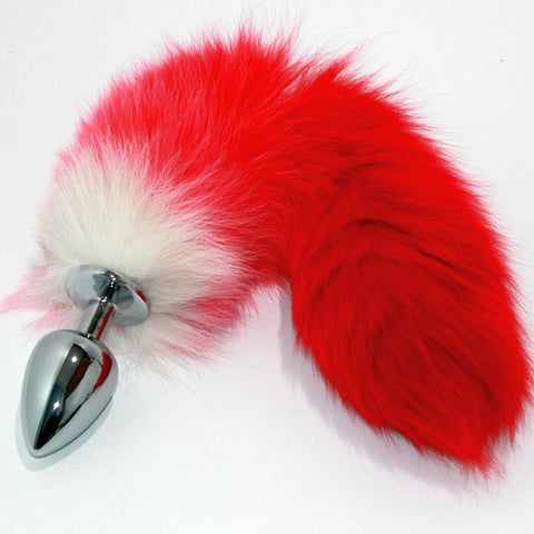 BDStyle Red Faux Fox Tail Silver Butt Plug Premium Stainless Steel Design - Steel Sex Toys