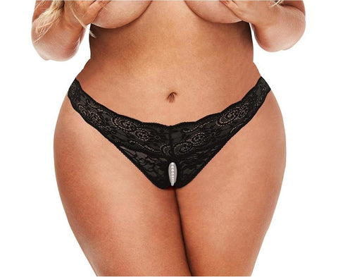 Xgen Products Secret Kisses Lace & Pearls Crotchless Thong Black Crotchless - G-Strings, Panties and Shorts
