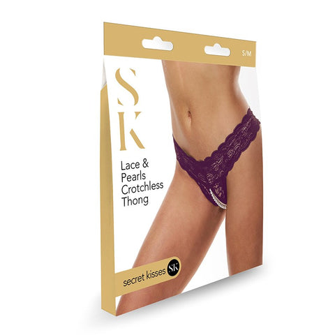 Xgen Products Secret Kisses Lace & Pearls Crotchless Thong Purple Lingerie - G-Strings, Panties and Shorts