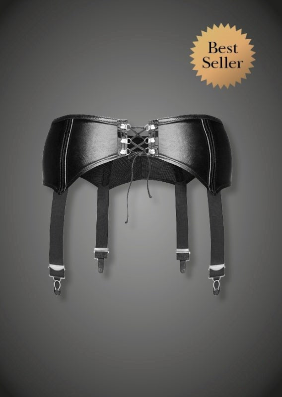 Noir Handmade Sexy Garter Belt with Erotic Back Lacing Wet Look - Bras and Bra Sets