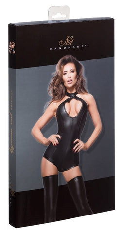 Noir Handmade Short Powerwetlook Body with Lace Cleavage and Zipper - Her Fetish