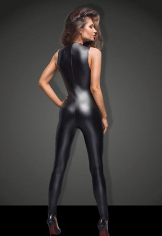 Noir Handmade Sleeveless Power Wetlook Overall With Lace Dual Zipper - Her Fetish