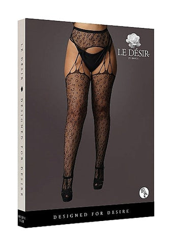 Shots Toys Suspender Leopard Pantyhose Black Built in Garter Design - Hosiery