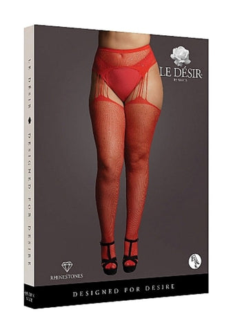 Shots Toys Suspender Rhinestone Pantyhose Red with Rhinestone Accents - Hosiery