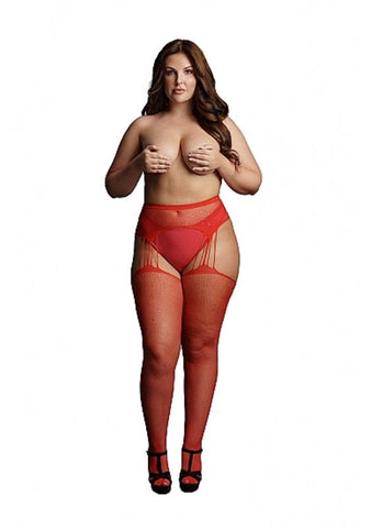 Shots Toys Suspender Rhinestone Pantyhose Red with Rhinestone Accents - Hosiery