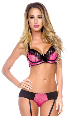 Fantasy Lingerie Tease Fringe Bra & Cutout Panty & Garter Set Burlesque Style - Bras and Bra Sets