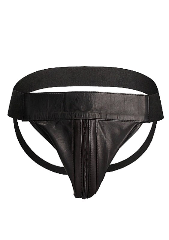 Shots Toys Uomo Striped Front With Zip Leather Jock Black Premium Leather - - His Fetish