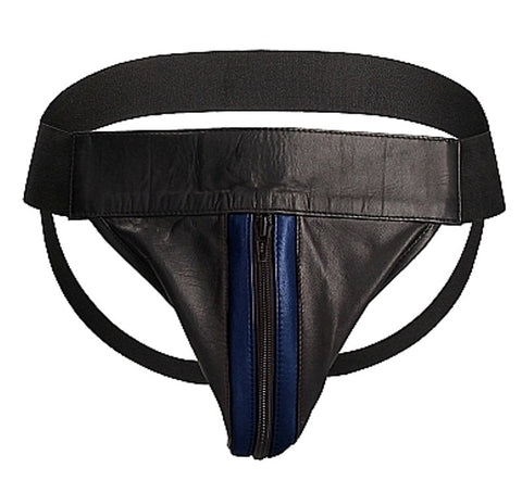 Shots Toys Uomo Striped Front With Zip Leather Jock Black/Blue Premium Leather - His Fetish