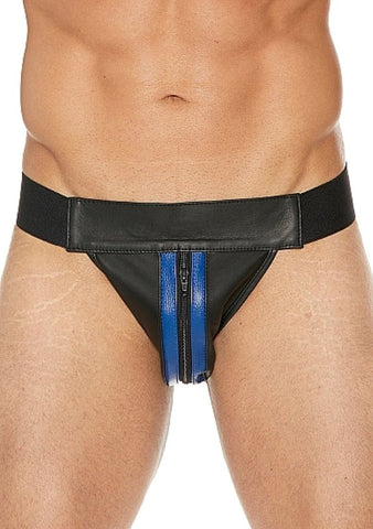 Shots Toys Uomo Striped Front With Zip Leather Jock Black/Blue Premium Leather - His Fetish