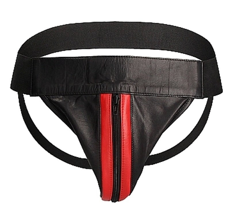 Shots Toys Uomo Striped Front With Zip Leather Jock Black/Red Premium Leather - - His Fetish