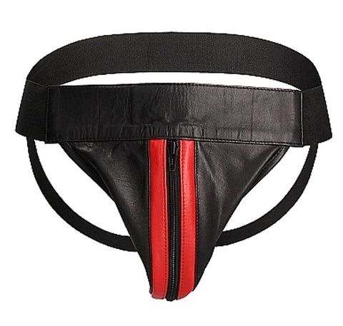 Shots Toys Uomo Striped Front With Zip Leather Jock Black/Red Premium Leather - His Fetish