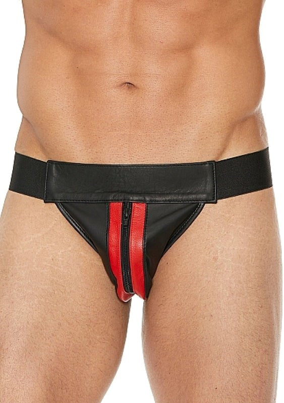 Shots Toys Uomo Striped Front With Zip Leather Jock Black/Red Premium Leather - - His Fetish
