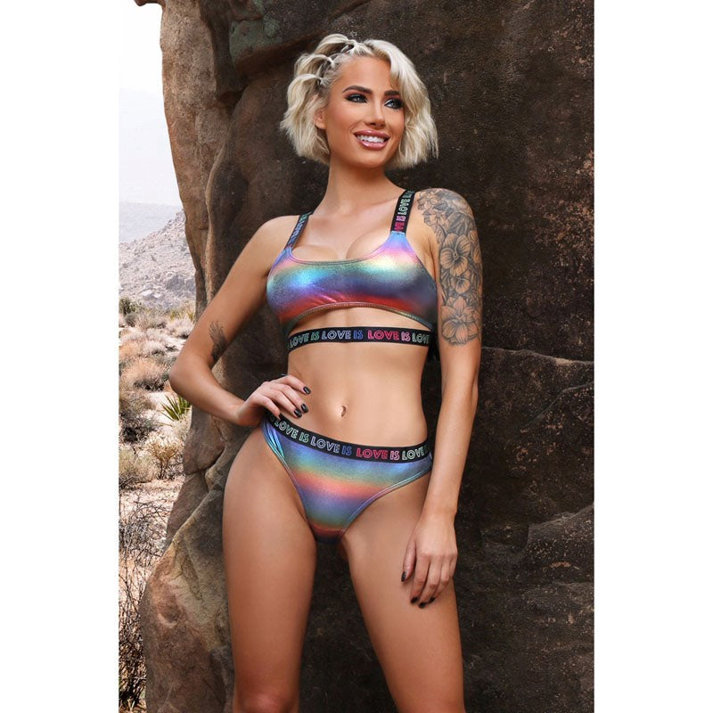 Fantasy Lingerie Vibes Love Is Love Crop Top & Panty Holographic Rainbow Set - - Bras and Bra Sets