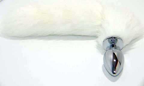 BDStyle White Faux Fox Tail Smooth Silver Butt Plug Medical Grade Steel - Steel Sex Toys