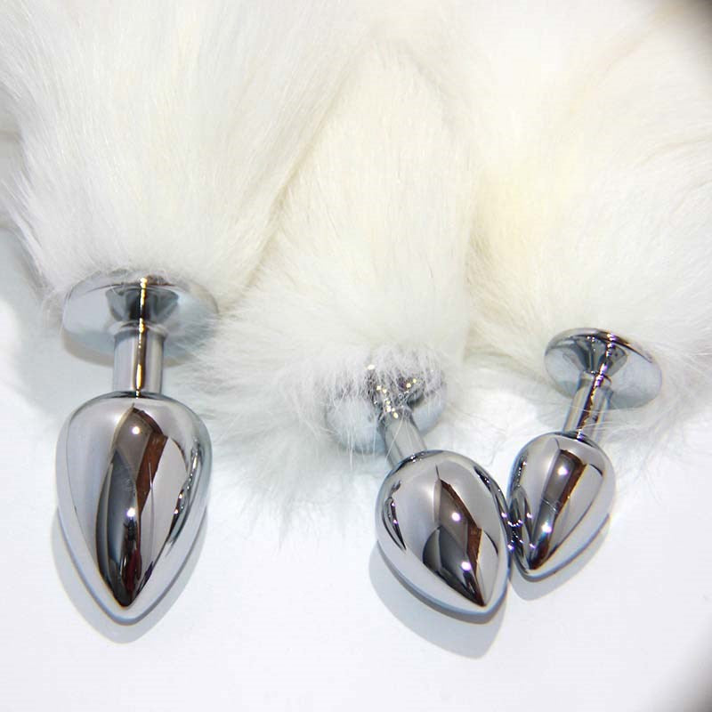 BDStyle White Faux Fox Tail Smooth Silver Butt Plug Medical Grade Steel - Steel Sex Toys