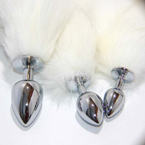 BDStyle White Faux Fox Tail Smooth Silver Butt Plug Medical Grade Steel - Steel Sex Toys