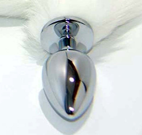 BDStyle White Faux Fox Tail Smooth Silver Butt Plug Medical Grade Steel - Steel Sex Toys