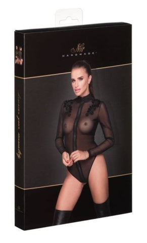 Noir Handmade Embroidered Tulle Bodysuit with Zipper Closure - Her Fetish