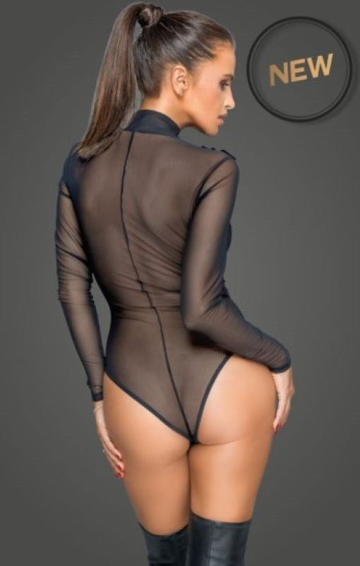 Noir Handmade Embroidered Tulle Bodysuit with Zipper Closure - - Her Fetish