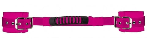 Shots Toys Adjustable Leather BDSM Play Handcuffs Pink with Control Handle - Cuffs and Restraints