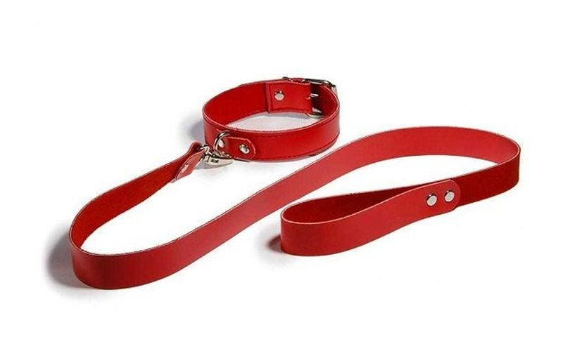BDStyle Bedroom Bondage Collar Adjustable Red Leather with Lead Premium BDSM - Collars and Leads