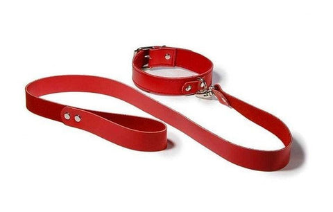 BDStyle Bedroom Bondage Collar Adjustable Red Leather with Lead Premium BDSM - Collars and Leads