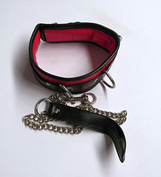 Luxurious BDSM Accessory - Black and Red Collar with Lead - - Collars and Leads