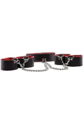 Shots Toys Ouch Reversible Collar Wrist Ankle Cuffs Red Dual Material - Cuffs and Restraints