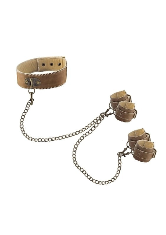 Shots Toys Ouch! Collar With Hand And Leg Cuffs Brown Premium Restraint Set - - Cuffs and Restraints