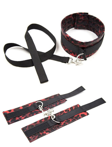 BDStyle Red Leopard Cuffs and Collar with Leash Bondage Restraint Set - Collars and Leads