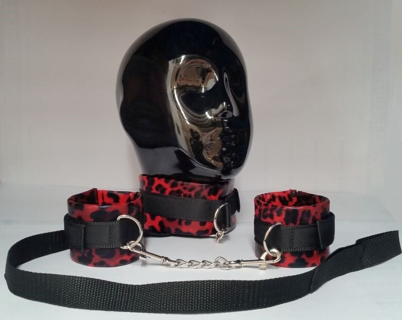 BDStyle Red Leopard Cuffs and Collar with Leash Bondage Restraint Set - Collars and Leads