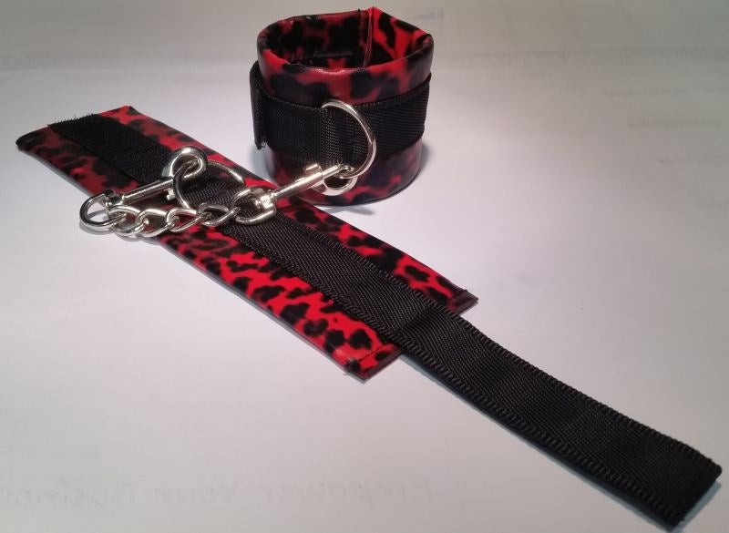 BDStyle Red Leopard Cuffs and Collar with Leash Bondage Restraint Set - Collars and Leads