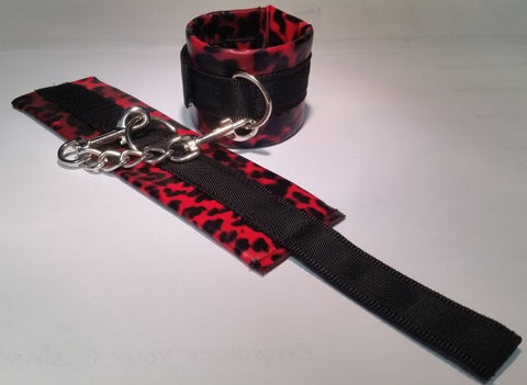 BDStyle Red Leopard Cuffs and Collar with Leash Bondage Restraint Set - Collars and Leads