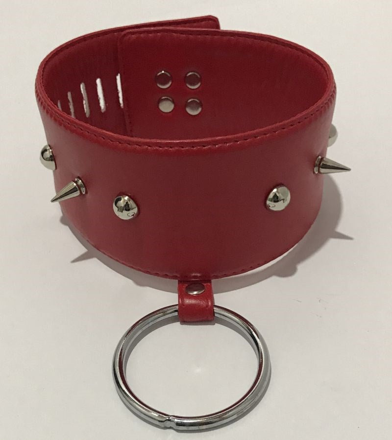 BDStyle Spiked Bondage Collar Metal O Ring Red Faux Leather BDSM - Collars and Leads