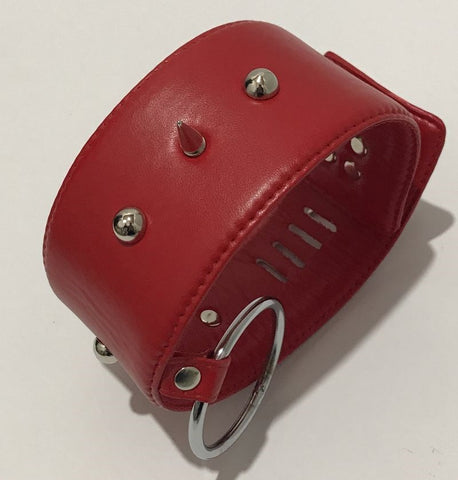 BDStyle Spiked Bondage Collar Metal O Ring Red Faux Leather BDSM - Collars and Leads
