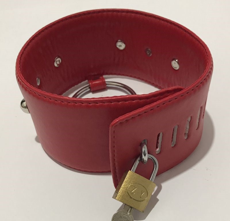 BDStyle Spiked Bondage Collar Metal O Ring Red Faux Leather BDSM - Collars and Leads