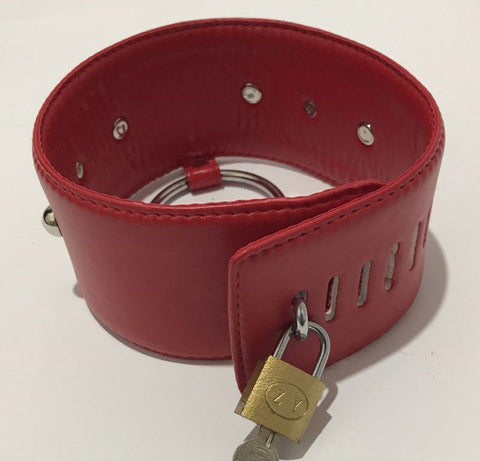 BDStyle Spiked Bondage Collar Metal O Ring Red Faux Leather BDSM - Collars and Leads