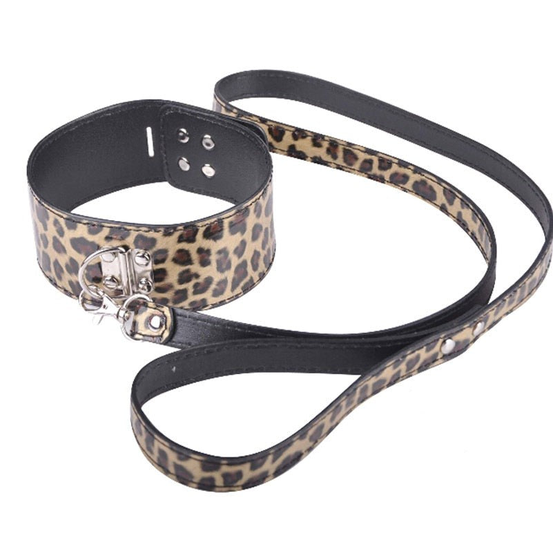 BDStyle Wild Leopard Collar and Leash Adjustable BDSM Set with Chain - Collars and Leads
