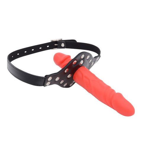BDStyle Double Cock Dildo Penis Mouth Gag Red/Pink Dual Penetration - Bondage Gags and Bits