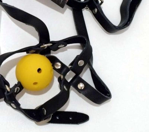 Hells Couture Dungeonnet Bondage Gag With Yellow Ball Leather Harness - Bondage Gags and Bits