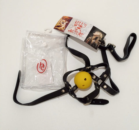Hells Couture Dungeonnet Bondage Gag With Yellow Ball Leather Harness - Bondage Gags and Bits