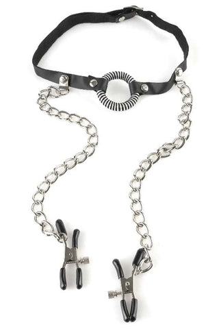 Pipedream Products Fetish Fantasy O Ring BDSM Gag With Nipple Clamps - Bondage Gags and Bits
