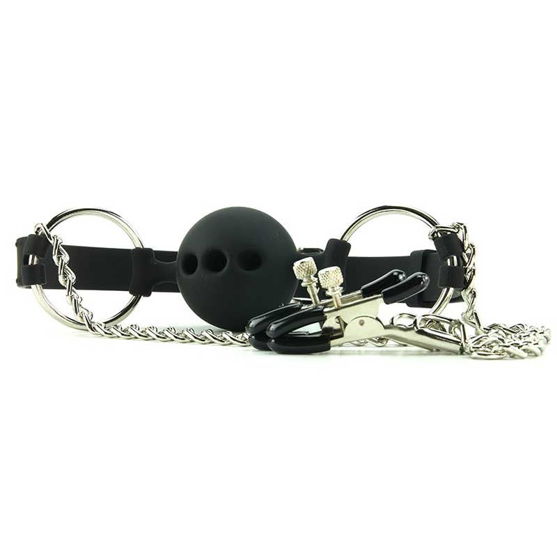 XR Brands Hinder Breathable Silicone Ball Gag With Nipple Clamps Restraint - - Bondage Gags and Bits