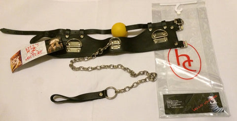 Hells Couture KinkSociety Ball Gag & Leather Lead with Metal Buckle - Bondage Gags and Bits