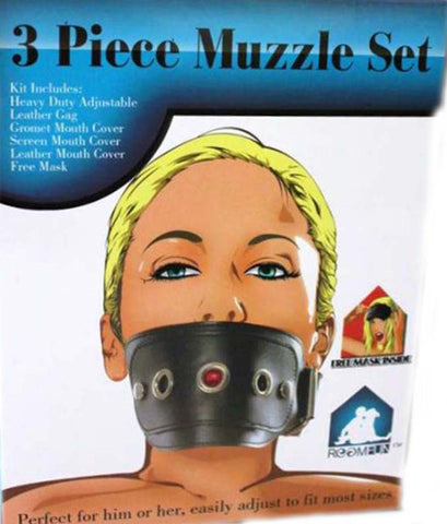 RoomFun Kinky Muzzle Set Mask & Mouth Gag with 3 Interchangeable Covers - Bondage Gags and Bits