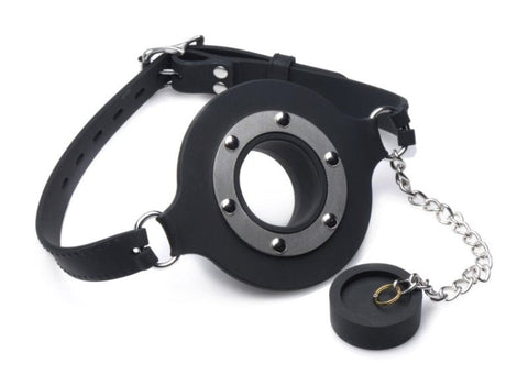 XR Brands Master Series Pie Hole Silicone Feeding Gag with Removable Plug - Bondage Gags and Bits
