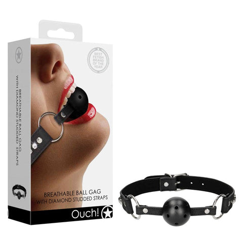 Shots Toys OUCH! Diamond Studded Breathable Ball Gag with Diamond Studs - Bondage Gags and Bits