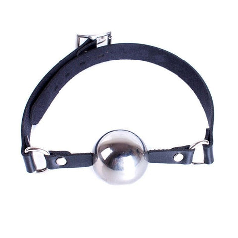 Hells Couture Popper Metal Ball Gag with Leather Straps 40mm Steel - Bondage Gags and Bits